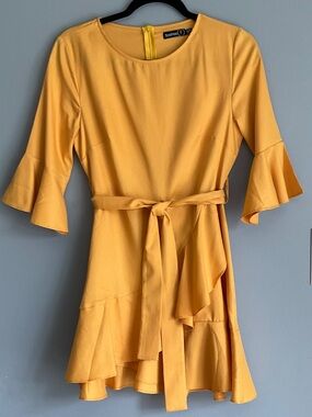 Boohoo Mustard Yellow Belted Ruffle Mini Dress